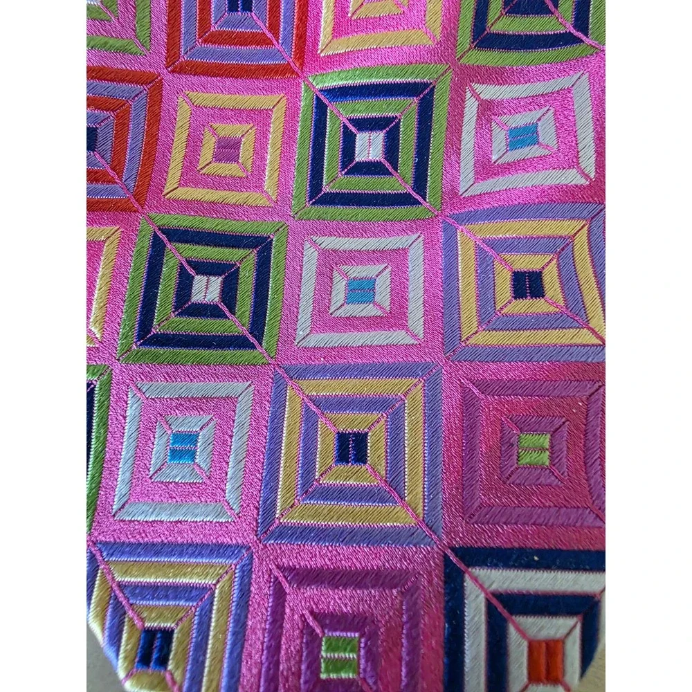 Handmade in England Silk Tie Pink Geometric Concentric Square Embroidered Mens